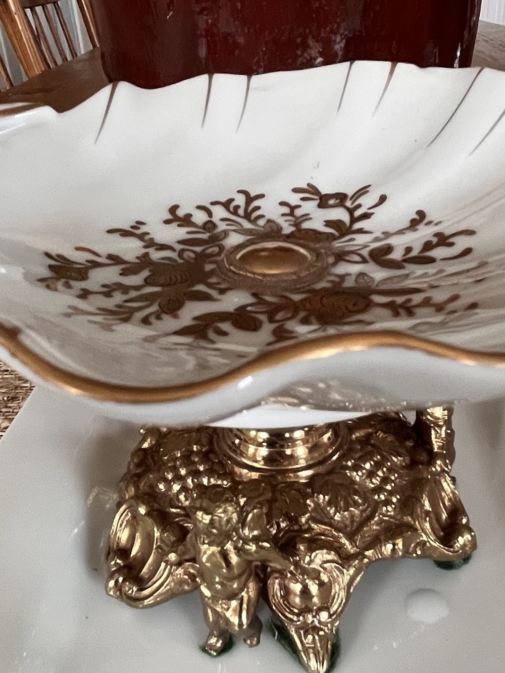 Vintage Porcelain Shell shaped Pedestal Dish Soap Holder Brass Cherubs